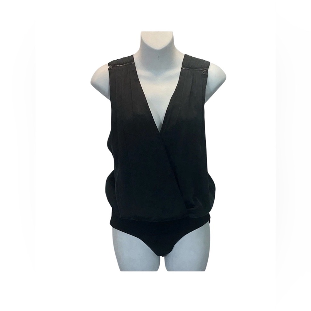 Alice + Olivia Black Arverne Crossover Bodysuit Size Small Silk Wrap Sleeveless